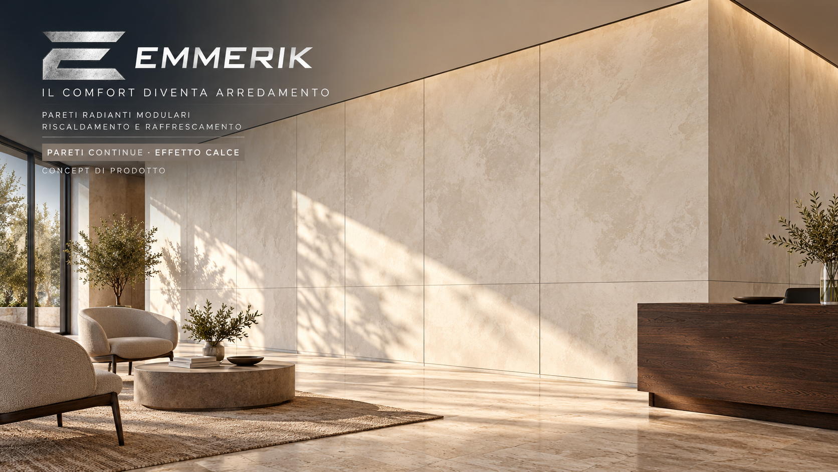 Rendering EMMERIK di una reception con parete radiante modulare continua effetto calce chiara