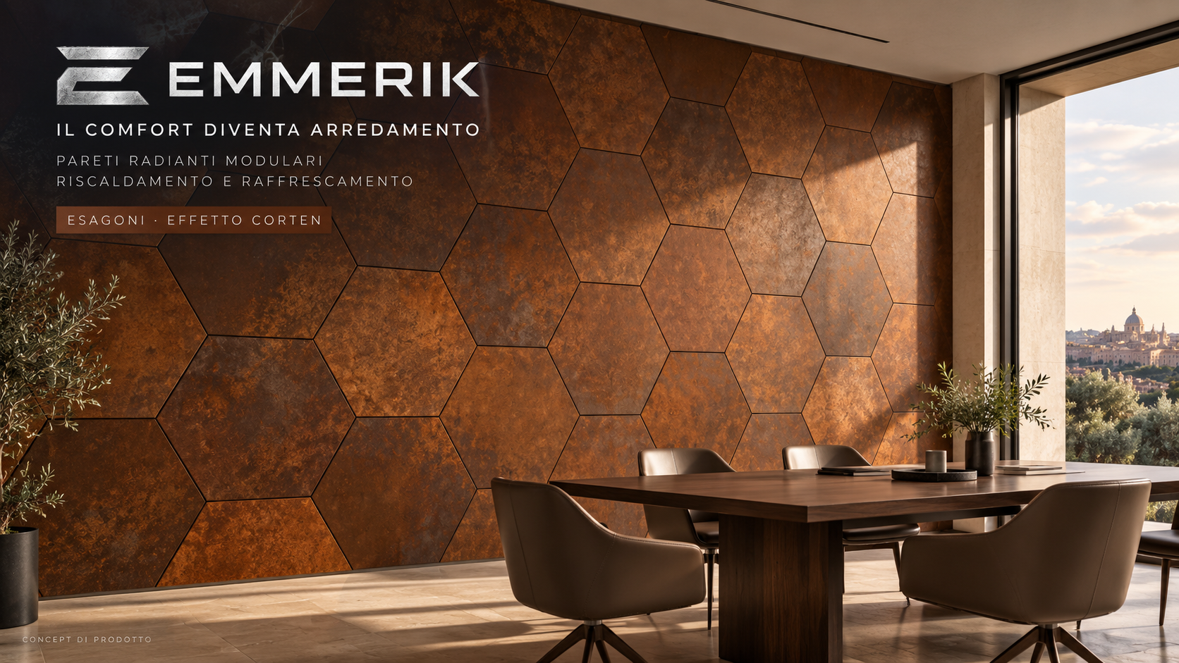 Rendering EMMERIK di una sala riunioni con parete radiante modulare a esagoni effetto corten
