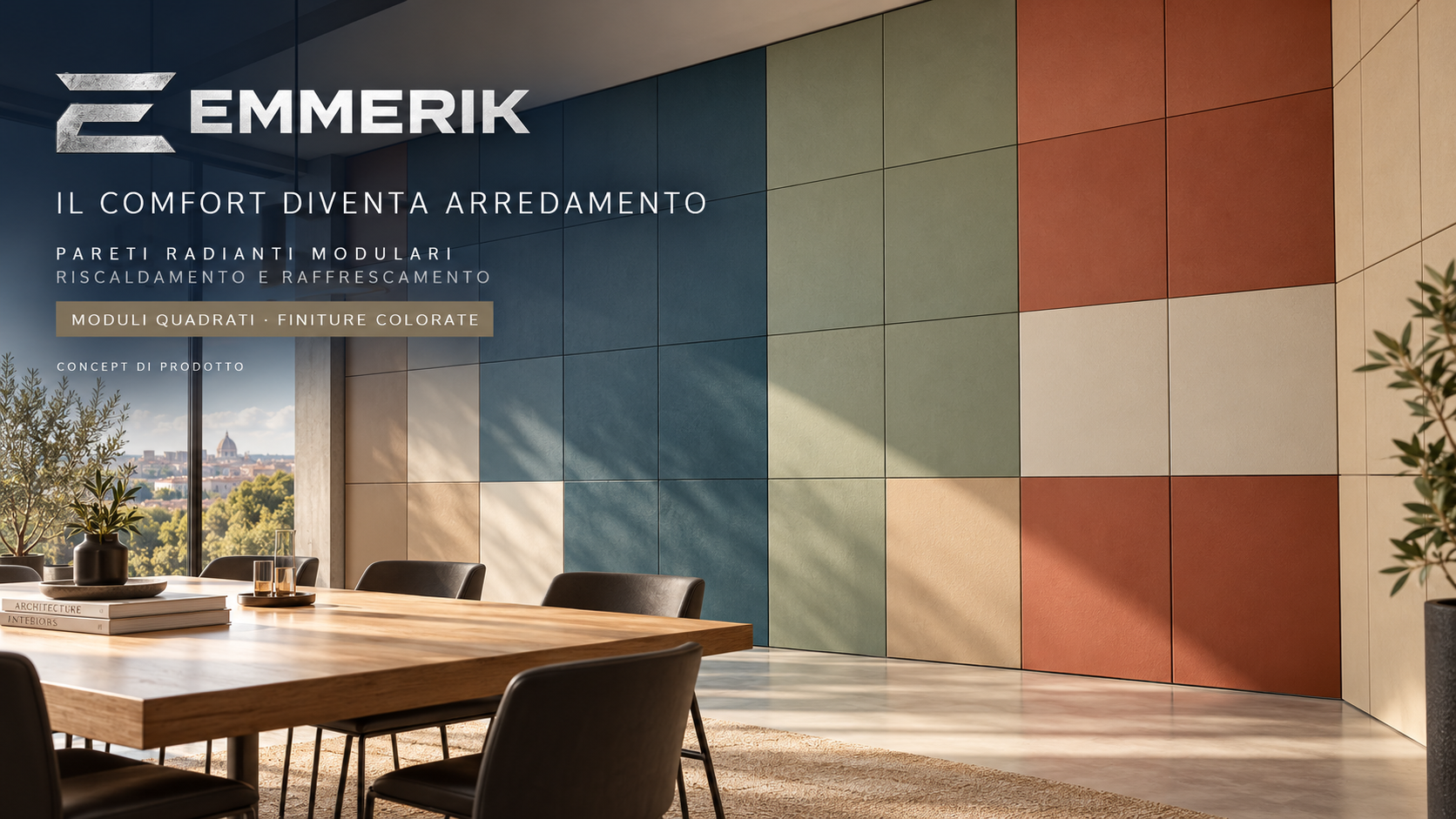 Rendering EMMERIK di un ufficio con parete radiante a moduli quadrati color petrolio, salvia, terracotta e sabbia